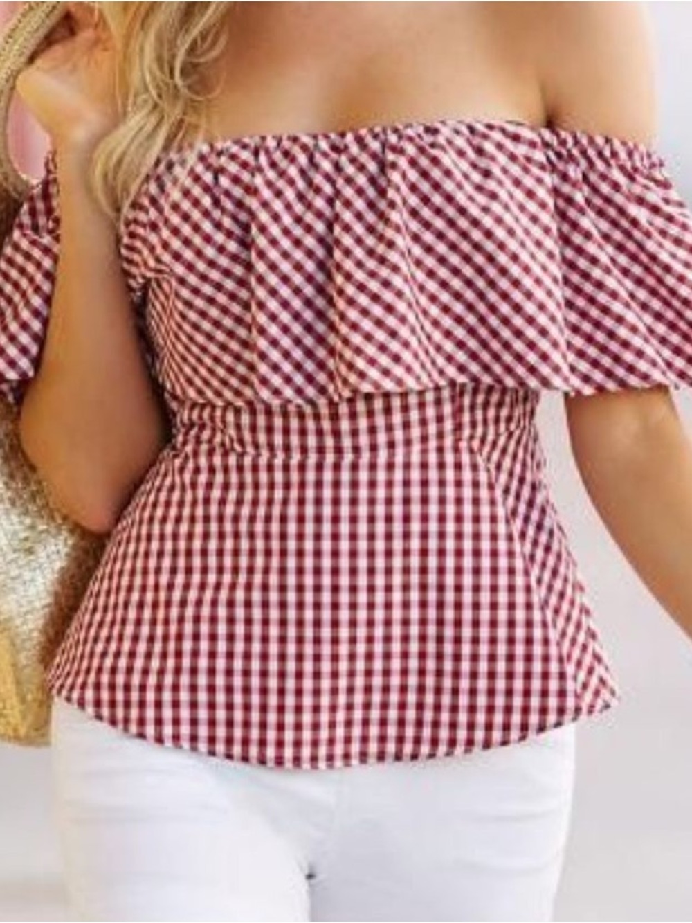 Boston Proper Off-Shoulder Red Gingham Ruffle Top size 12 NWOT